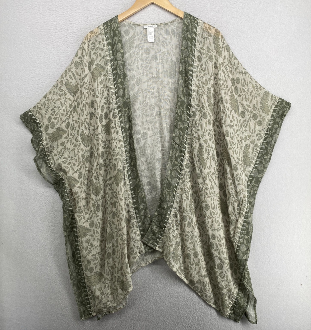 PURE JILL Kimono S-L J Jill Floral Embroidered Wrap Cardigan Open Front Green